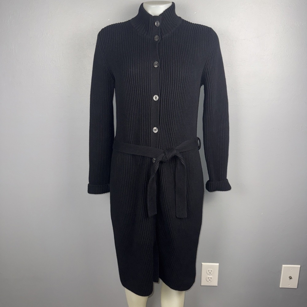 Ralph Lauren Robbed Sweater Dress /Cardigan Duster Womens Small Black Cotton Tie